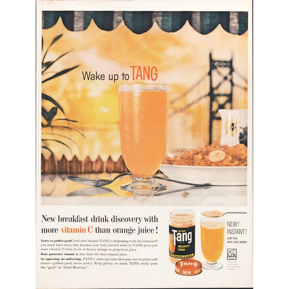 1959 Wake Up to TANG Breakfast Drink Vintage Print Ad Bistro Suspension Bridge